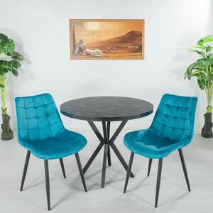 Set masa Hamburg Black Marble cu 2 scaune Osaka turcoaz, DENVER, picioare metalice negre, forma rotunda, 90x73 cm