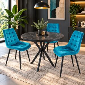 Set masa Hamburg Black Marble cu 3 scaune Osaka turcoaz, DENVER, picioare metalice negre, forma rotunda, 90x73 cm