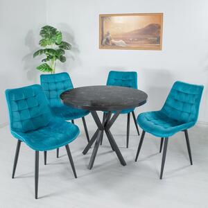 Set masa Hamburg Black Marble cu 4 scaune Osaka turcoaz, DENVER, picioare metalice negre, forma rotunda, 90x73 cm