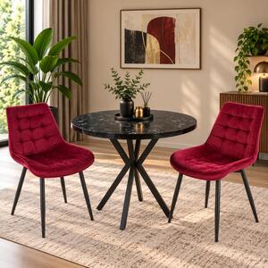 Set masa Hamburg Black Marble cu 2 scaune Osaka bordo, DENVER, picioare metalice negre, forma rotunda, 90x73 cm