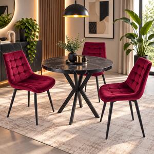 Set masa Hamburg Black Marble cu 3 scaune Osaka bordo, DENVER, picioare metalice negre, forma rotunda, 90x73 cm