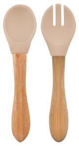 Set Lingurita si Furculita Minikoioi, Varf din Silicon si Maner din Bambus – Bubble Beige