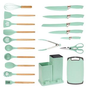 Set ustensile bucatarie 19 piese lemn si silicon alimentar, cutite, tocator, termorezistente, antiaderente, suport blat, onuvio™ fiona - verde menta