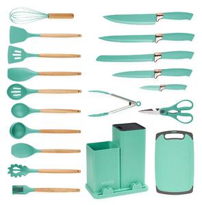 Set ustensile bucatarie 19 piese lemn si silicon alimentar, cutite, tocator, termorezistente, antiaderente, suport blat, onuvio™ fiona - turcoaz