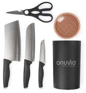 Set de cutite pentru bucatarie onuvio®, 5 piese pentru folosire zilnica, foarfeca, cutit chef, cutit decojit, suport pentru blat, negru