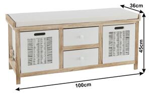 Banca hol LINORA, lemn/material textil, alb/stejar, cu 4 sertare, 100x