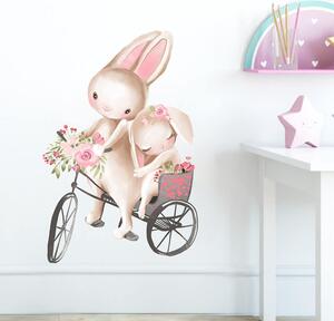 Impresi Autocolant pentru camera copilului Bunnies on a Bike - 60x30 cm