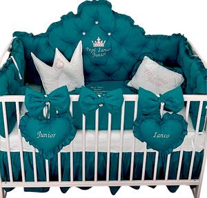 Lenjerie pătuț bebeluși cu apărători matlasate cearșaf păturică și pernuta Deseda Prince Verde smarald