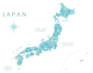 Harta Map of Japan in aquamarine watercolor, Blursbyai