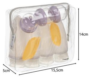 Set recipiente cosmetice de calatorie, 10 elemente, trusa cu 4 sticlute 100 ml, 3 recipiente 20 ml, 2 huse periute dinti
