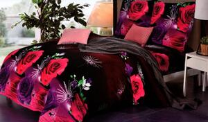 Lenjerie de pat neagră cu trandafiri mov si rosii
