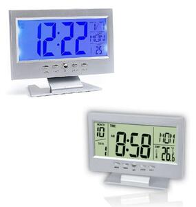 Ceas cu ecran LCD si control vocal, Argintiu/Negru
