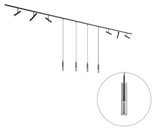Sistem de iluminat pe șină modern negru cu 6 spoturi și 4 lumini suspendate negre monofazate - Slimline Avery Loyce