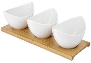 ASTOREO 3 vase pentru sosuri cu platou - alb/bambus - Mărimea 26,5 x 8,5 x 10 cm