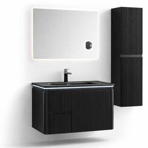 Set Mobilier Baie Cappadocia Riflat 80 cm negru mat, oglinda 70 sau 80 cm cu LED, dezaburire si lupa, lavoar ceramic, soldat inclus. 70 CM