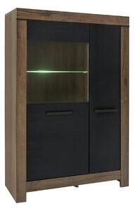 Vitrina BALIN, stejar/negru, PAL/sticla, cu iluminare LED, 101x40x149