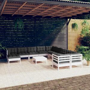 Set mobilier grădină cu perne, 12 piese, alb, lemn de pin