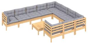 Set mobilier grădină cu perne, 11 piese, gri, lemn de pin