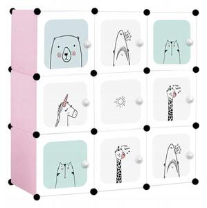Dulap modular pentru copii, Mufart, plastic, 9 compartimente, alb si roz, 110x37x110 cm