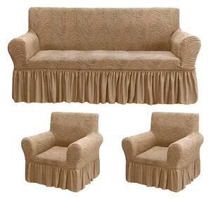 Set huse elastice pentru canapea 3 Locuri si 2 fotolii, cu volanas, model Jacquard Bej inchis in dungi