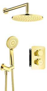 Deante Box, set de dus cu dus de mana si cu efect de ploaie si robinet termostatic cu sistem de montare cutie BOX, auriu lucios, DEA-BXYZGEBT