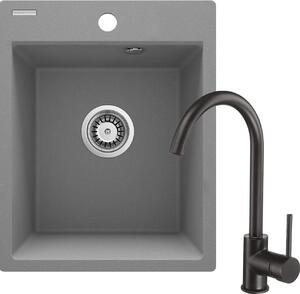 Deante Corio, chiuveta granit cu 1 camera 500x400x211mm + robinet chiuveta neagra, gri metalic, DEA-ZRCBS103