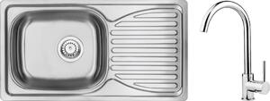 Deante Doppio, chiuveta blat inox 1 camera 780x430x160 3.5" + baterie chiuveta cu brat in "U" + sifon, model satinat, ZENB0113