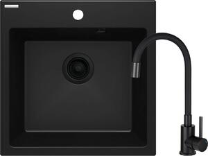 Deante Evora, chiuveta granit 1 camera 500x500x216 mm + baterie chiuveta cu brat elastic, negru, DEA-ZQJNN103