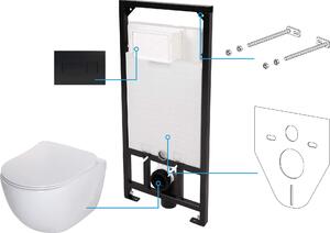 Deante Peonia Zero, set suspendat 6 în 1, vas de toaletă + scaun + cadru + buton negru, CDEN6ZPW
