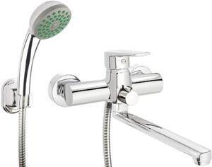 Deante Tubo, baterie pentru cada montată pe perete cu braț prelungit 339 mm și set de duș manual, crom, DEA-BUT_057M