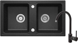 Deante Zorba, chiuveta granit 780x435x180 mm B/O + sifon de economisire a spațiului, 2 camere + robinet Nemezja, grafit, ZQZA2203