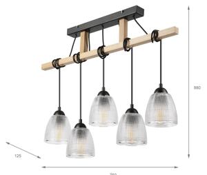Lustră suspendată pe cablu LEANDRA, 5x E27, 15W, 230V, stejar/negru