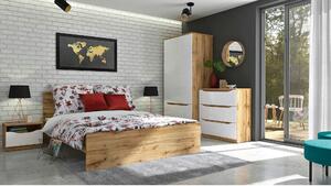 Set dormitor NUIS, stejar wotan/alb lucios, pat 160x200, dulap cu 4 us