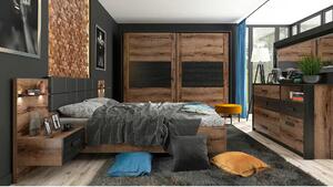 Set dormitor KASSEL, stejar/negru, pat 160x200 cu noptiere, dulap cu 2