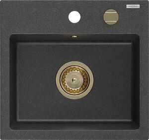 Mexen Milo, chiuveta granit 435x410x171 mm, 1 camera, pete negre cu sifon de aur, 6505441000-76-G
