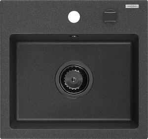 Mexen Milo, chiuveta granit 435x410x171 mm, 1 camera, pete negre cu sifon negru, 6505441000-76-B