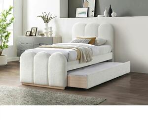 Pat MACARENA 90x200, crem, stofa boucle/lemn, cu somiera