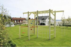 Ansamblu de joaca pentru copii,lemn masiv,suport pentru catarare,leagan,plasa