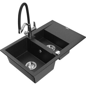 Mexen Gaspar chiuvetă de granit cu 1,5 compartimente cu picurător și baterie de bucătărie Duo, negru/argintiu metalizat - 6507-7