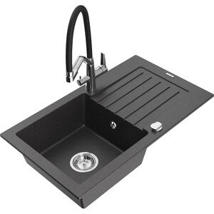Mexen Pablo chiuvetă de granit cu o singură cuvă cu scurgător și baterie de bucătărie Duo, negru pătat - 6510-76-671701-07