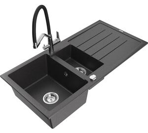 Mexen Andres chiuvetă de granit cu 1,5 compartimente cu scurgător și baterie de bucătărie Duo, negru cu pete - 6515-76-671701-07