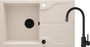 Deante Andante, chiuveta granit 1 camera 780x490x194 mm + robinet negru cu brat elastic, bej, DEA-ZQNN5113