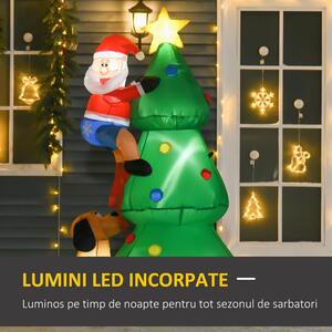 HOMCOM Pom de Craciun Gonflabil cu Mos Craciun si Catelus si Lumini LED, Decoratiune de Craciun pentru Exterior | AOSOM RO