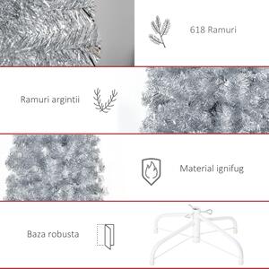 Brad de Craciun Artificial Argintiu Inalt si Ingust cu Baza Detasabila, decoratiune de Craciun, Argintiu HOMCOM | Aosom RO