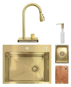 SET Chiuveta SanDonna HD6050 din inox handmade cu dozator de sapun si tavita de scurgere + Baterie SanDonna ASTER multifunctionala cu cascada - Auriu