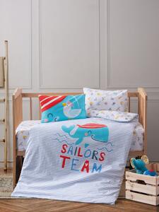 Set lenjerie pat pentru copii Sailor, alb/albastru, bumbac 100%, 4 pie