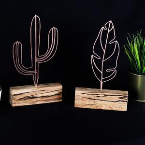 Set 2 obiecte decorative Cactus Feather Mini Set, bronz/stejar, metal