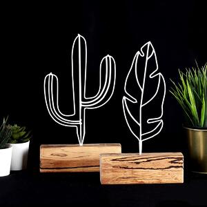 Set 2 obiecte decorative Cactus Feather Mini Set, alb/stejar, metal