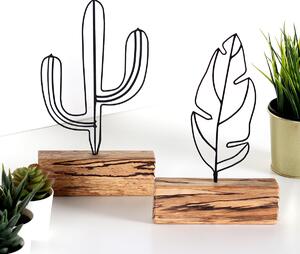 Set 2 obiecte decorative Cactus Feather Mini Set, negru/stejar, metal