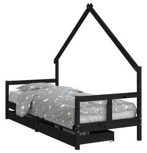 Cadru pat copii cu sertare, negru, 80x200 cm, lemn masiv de pin